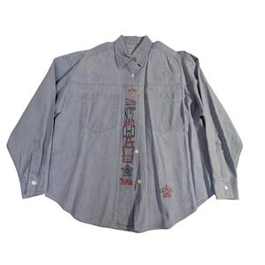 Vintage Soviet Cotton Shirt – S Blue Graphic Print READ